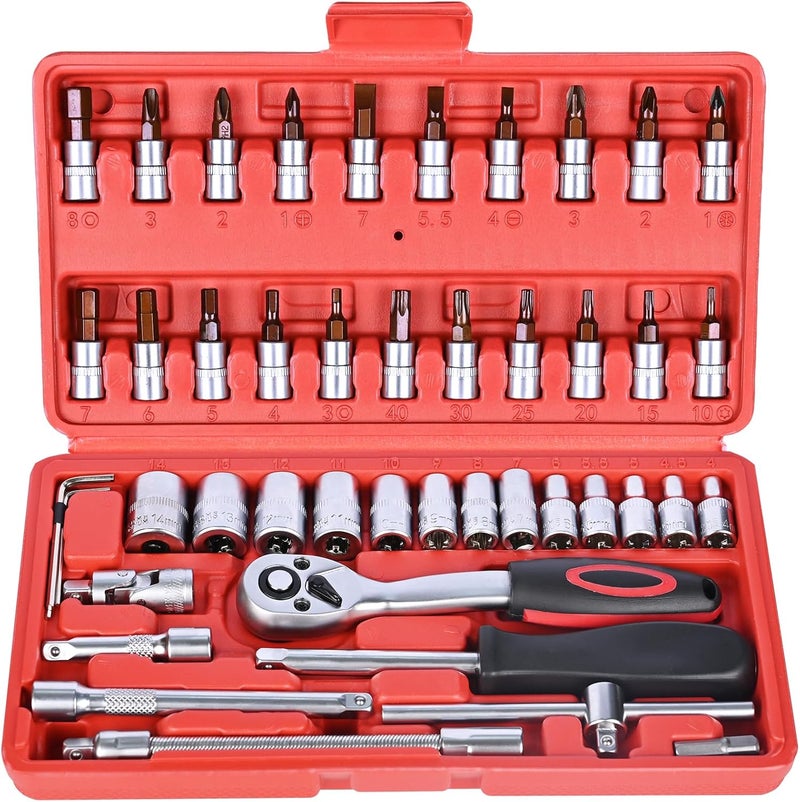 Egofine 46 Pieces 1/4 inch Drive Socket Ratchet Wrench Set, with 72-Teeth Ratchet Wrench, S2 Bit Socket Set, Extension for Auto Repairing and Household, with Storage Case - Image 1